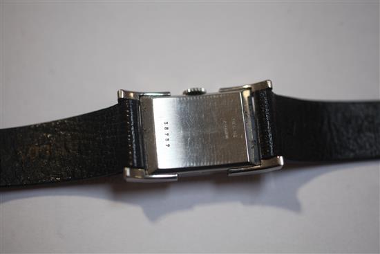 A gentlemans 1930s/1940s Jaeger Le Coultre stainless steel manual wind wrist watch,